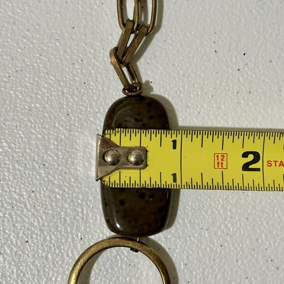 Boho Gold Tone Fringe Tassel Pendant Necklace Oval Speckled Stone Western Artsy - Picture 9 of 10